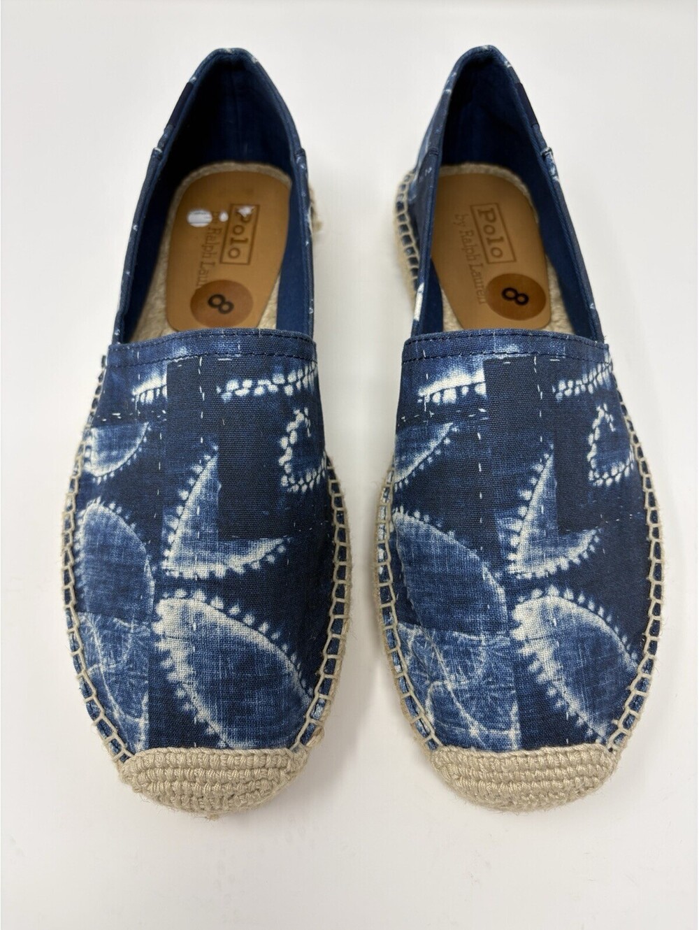 Polo Ralph Lauren Espadrille Mens 8 Indigo Blue Shibori Tie Dye Canvas Jute NEW